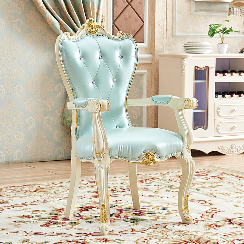 European Style Birch Cotton Arm Chair Light Color Solid Back Dining Chair with White Legs
