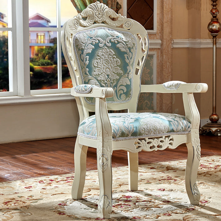 European Style Birch Cotton Arm Chair Light Color Solid Back Dining Chair with White Legs