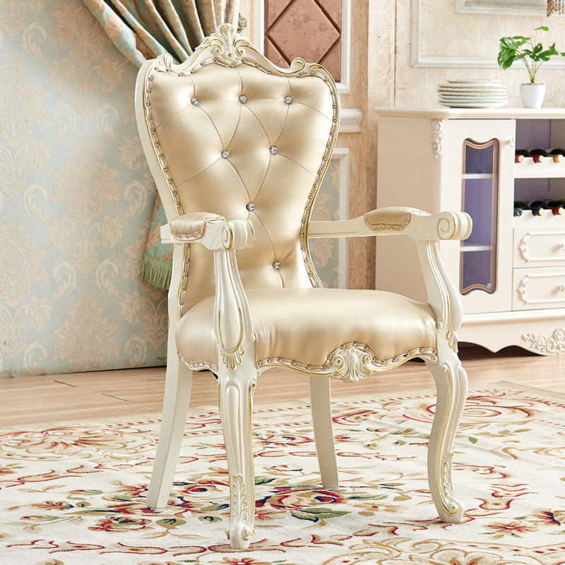 European Style Birch Cotton Arm Chair Light Color Solid Back Dining Chair with White Legs