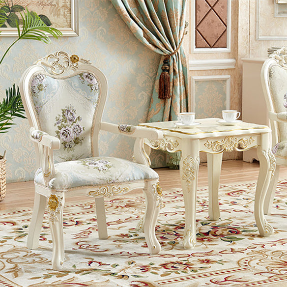 European Style Birch Cotton Arm Chair Light Color Solid Back Dining Chair with White Legs