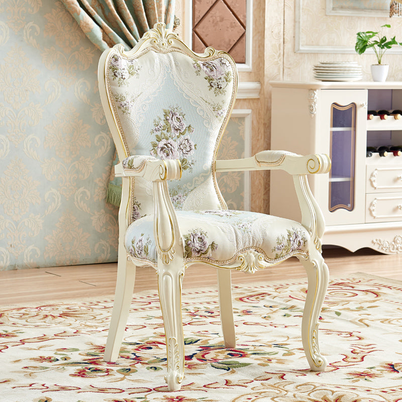 European Style Birch Cotton Arm Chair Light Color Solid Back Dining Chair with White Legs