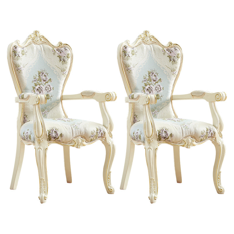 European Style Birch Cotton Arm Chair Light Color Solid Back Dining Chair with White Legs