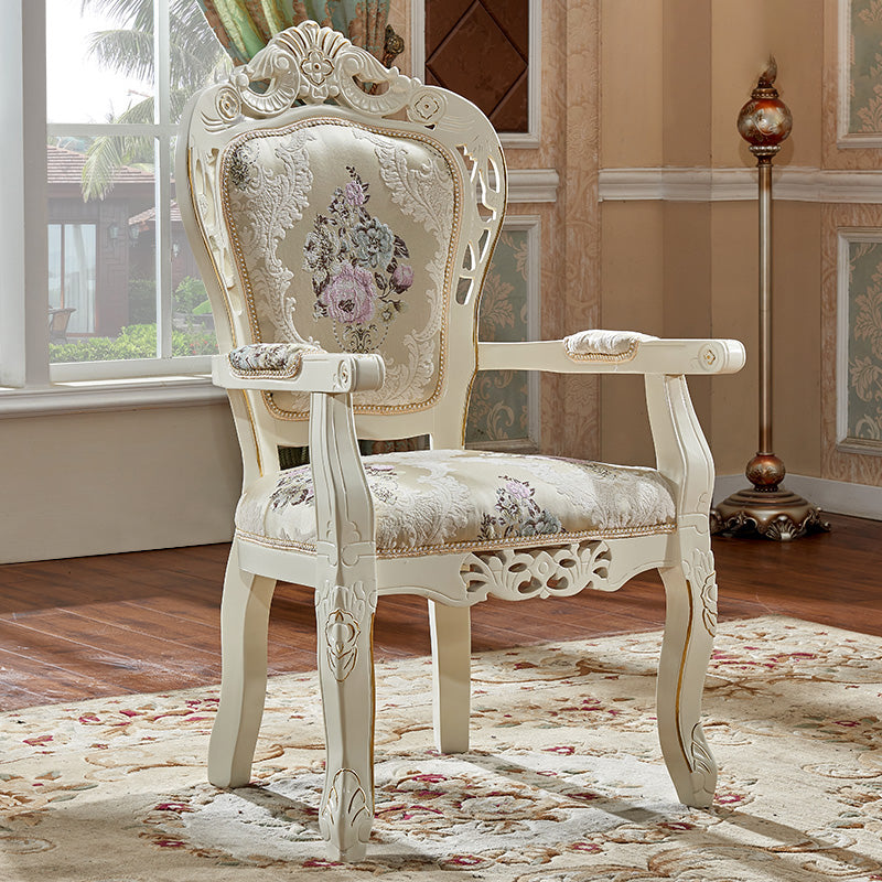 European Style Birch Cotton Arm Chair Light Color Solid Back Dining Chair with White Legs