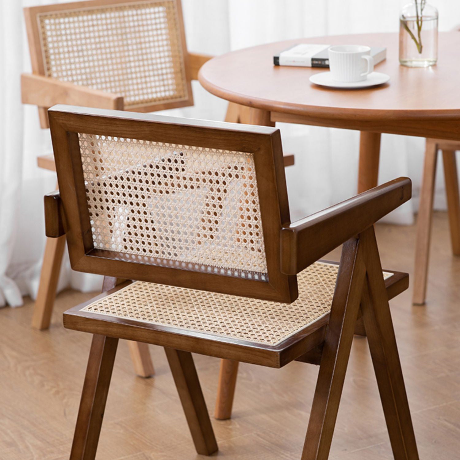 Country Style Dining Arm Chairs Rattan Open Back Rubberwood Indoor Armchair