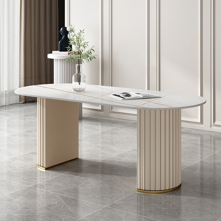 Tavolo da pranzo ovale moderno tavolo da pranzo in pietra sinterizzato con doppio piedistallo bianco