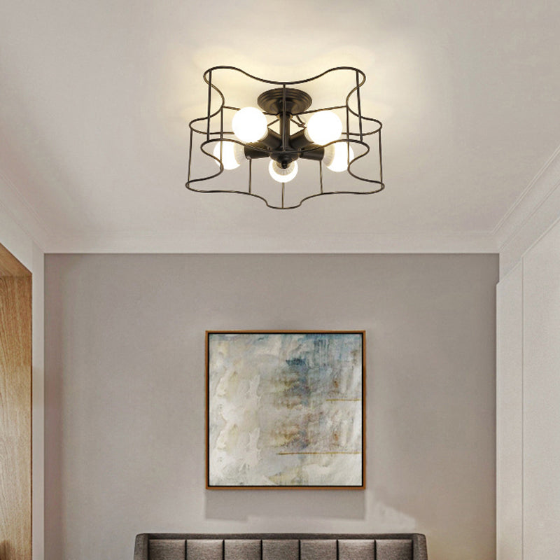 Métal en forme d'étoile Semi Flush Industrial Bulb Living Room Lightture en noir / blanc avec cage