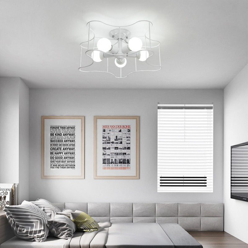 Métal en forme d'étoile Semi Flush Industrial Bulb Living Room Lightture en noir / blanc avec cage