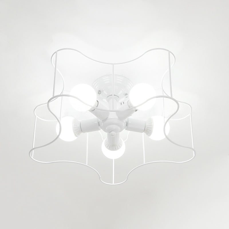 Métal en forme d'étoile Semi Flush Industrial Bulb Living Room Lightture en noir / blanc avec cage