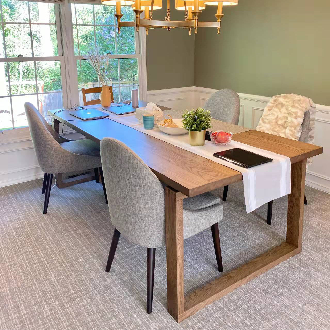 Contemporary Rectangle Shape Kitchen Dining Table Solid Wood Dining Table with Double Pedestal Bases
