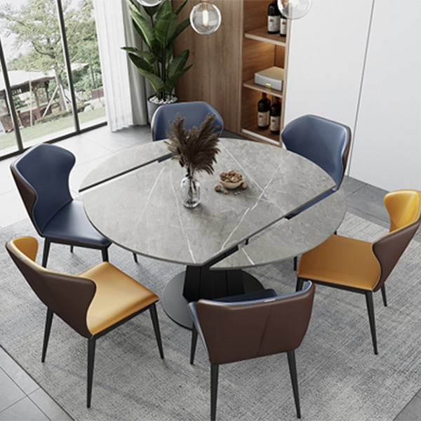 Contemporary Round Dining Table Drop-Leaf Sintered Stone Dining Table with Pedestal Base