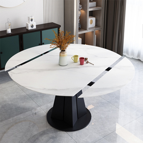 Contemporary Round Dining Table Drop-Leaf Sintered Stone Dining Table with Pedestal Base