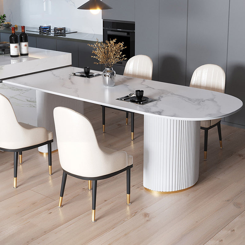 Eigentijdse thuis gesinterde stenen eettafel vrijformaat vormtafel met dubbele voetstukbasis