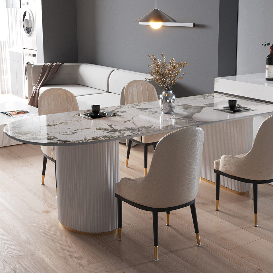 Eigentijdse thuis gesinterde stenen eettafel vrijformaat vormtafel met dubbele voetstukbasis