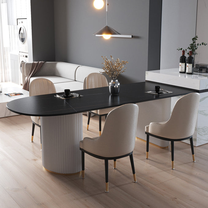 Eigentijdse thuis gesinterde stenen eettafel vrijformaat vormtafel met dubbele voetstukbasis
