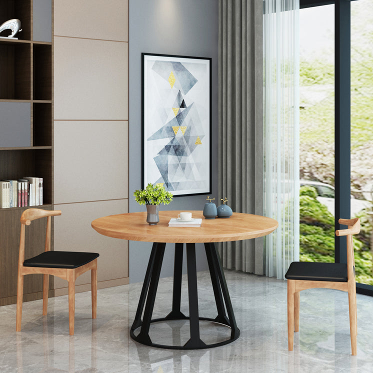 Round Solid Pinewood Brown Tone Dining Table Simplicity Pedestal Table for Dining Room