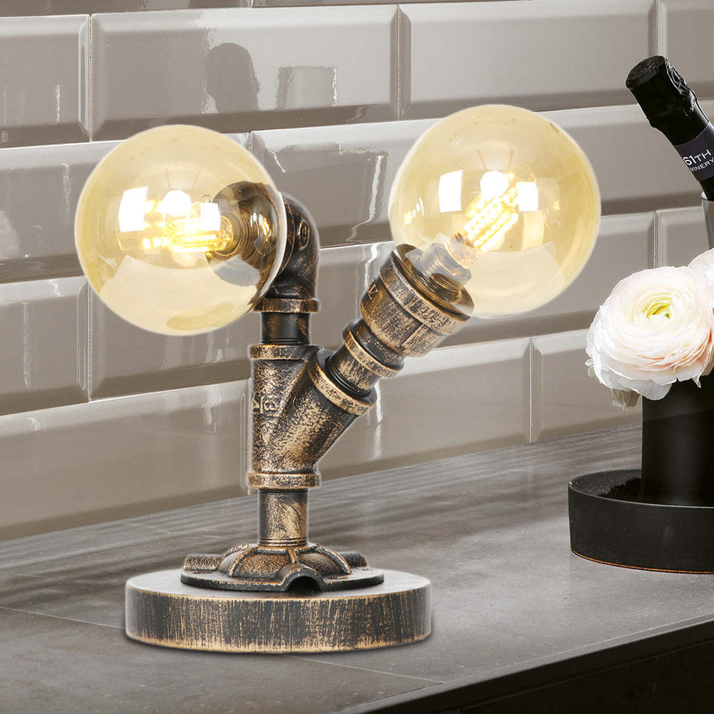 Tarea de sombra redonda de vidrio transparente/ámbar iluminación vintage estilo 2 luces lámpara de escritorio de cafetería en plata antigua/bronce