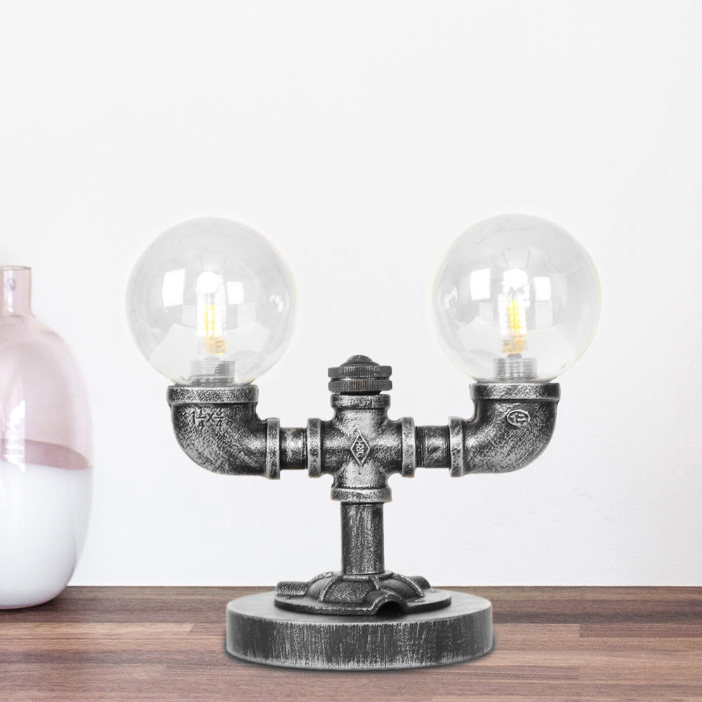 Tarea de sombra redonda de vidrio transparente/ámbar iluminación vintage estilo 2 luces lámpara de escritorio de cafetería en plata antigua/bronce