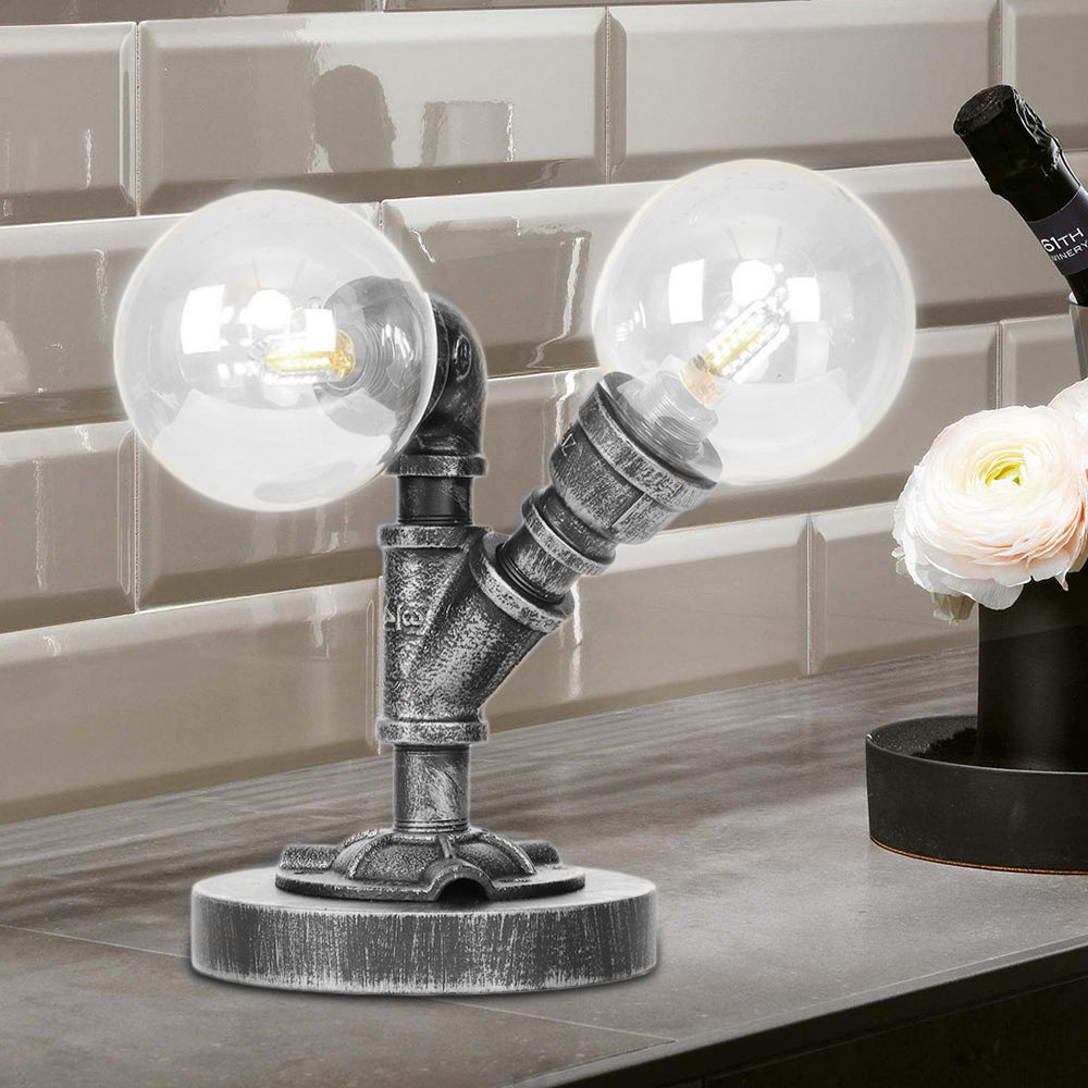 Tarea de sombra redonda de vidrio transparente/ámbar iluminación vintage estilo 2 luces lámpara de escritorio de cafetería en plata antigua/bronce