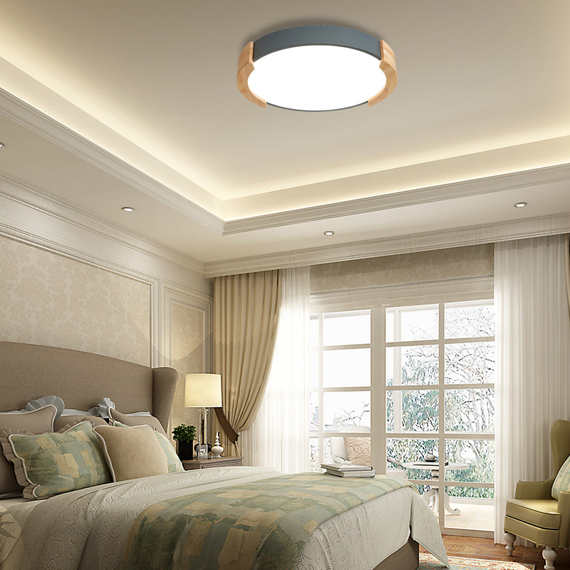 Iron Thin Round Flush Light Nordic Grey/White/Green Ceiling Mounted Fixture with Wood Side Guard for Bedroom