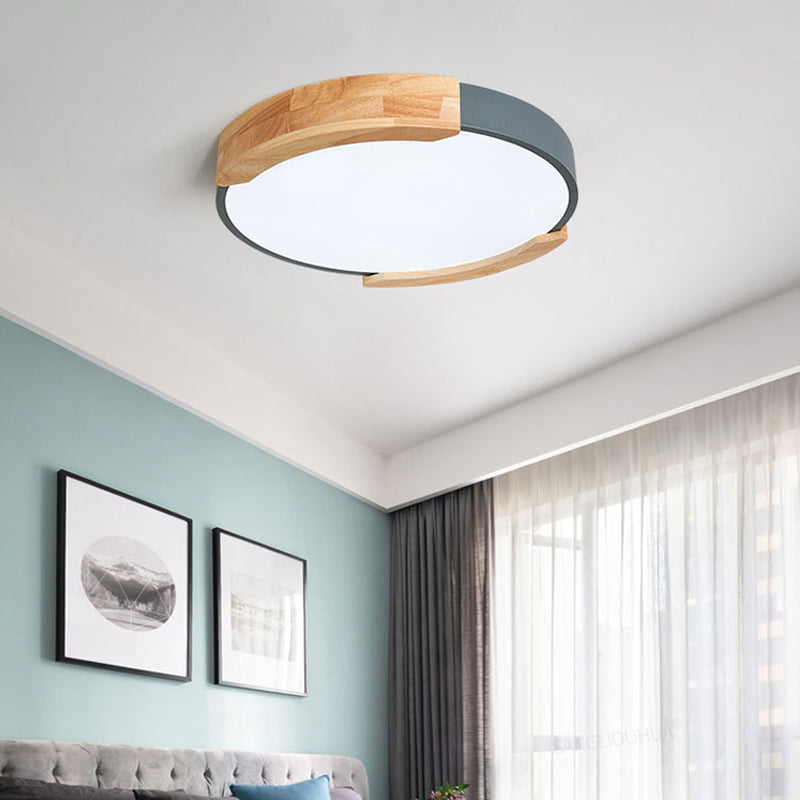 Iron Thin Round Flush Light Nordic Grey/White/Green Ceiling Mounted Fixture with Wood Side Guard for Bedroom