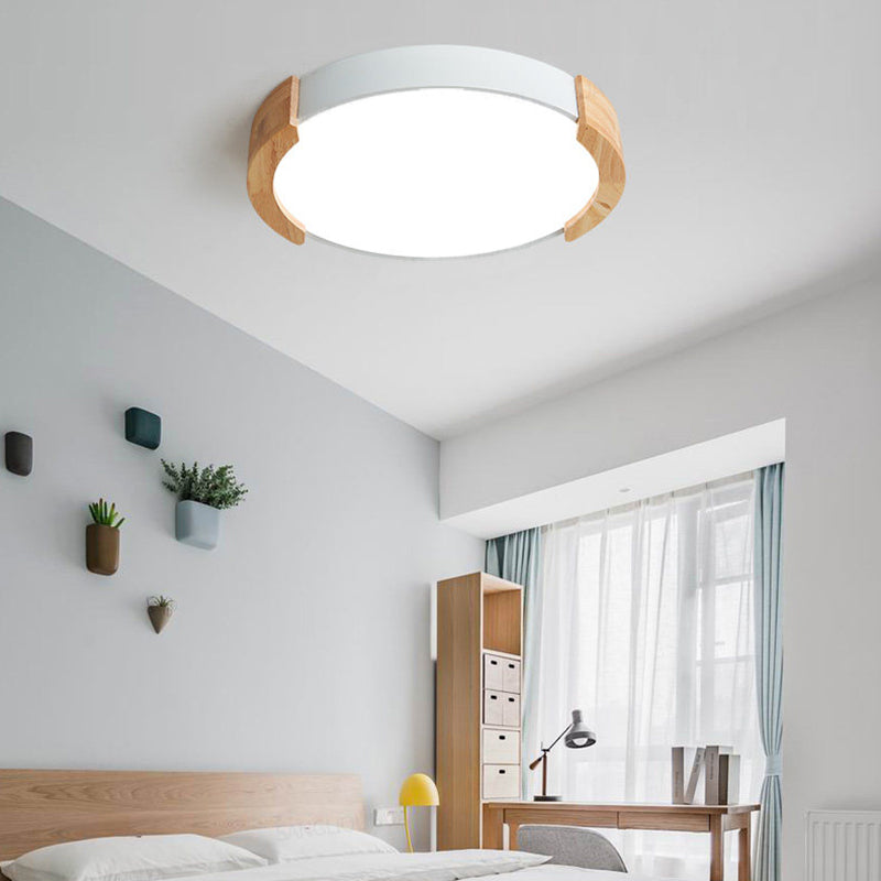 Iron Thin Round Flush Light Nordic Grey/White/Green Ceiling Mounted Fixture with Wood Side Guard for Bedroom