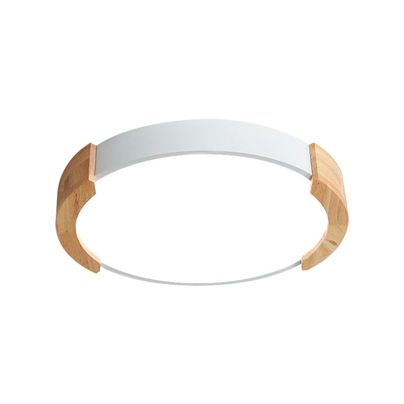 Iron Thin Round Flush Light Nordic Grey/White/Green Ceiling Mounted Fixture with Wood Side Guard for Bedroom