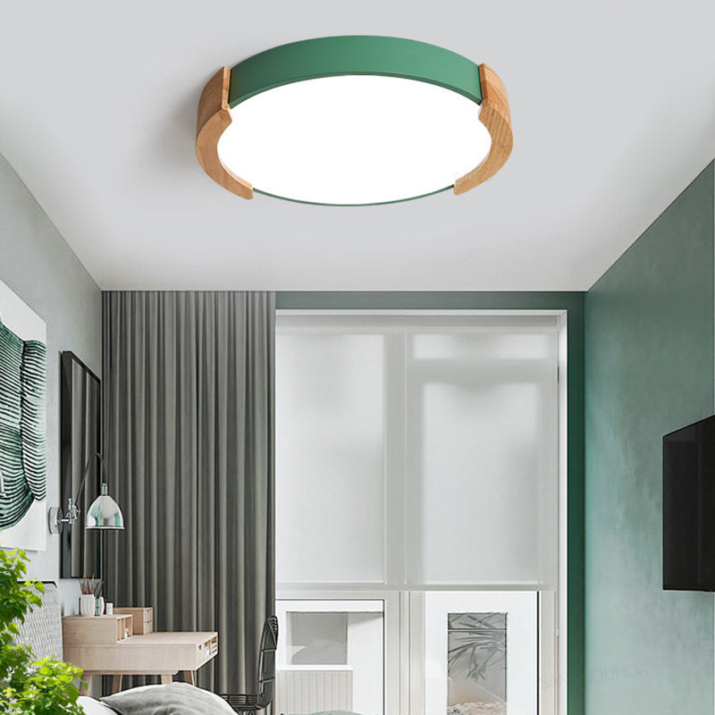 Iron Thin Round Flush Light Nordic Grey/White/Green Ceiling Mounted Fixture with Wood Side Guard for Bedroom