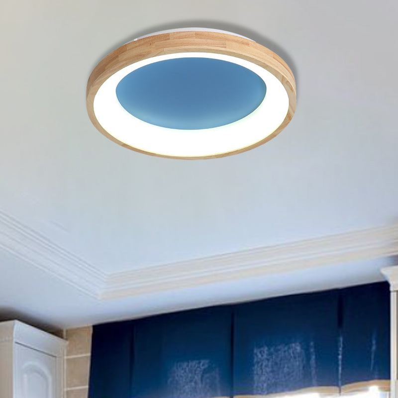 Wood Circular Thin Flushmount Lighting Nordic Style Green/Blue LED Ceiling Mounted Light, 12"/16"/19.5" Width