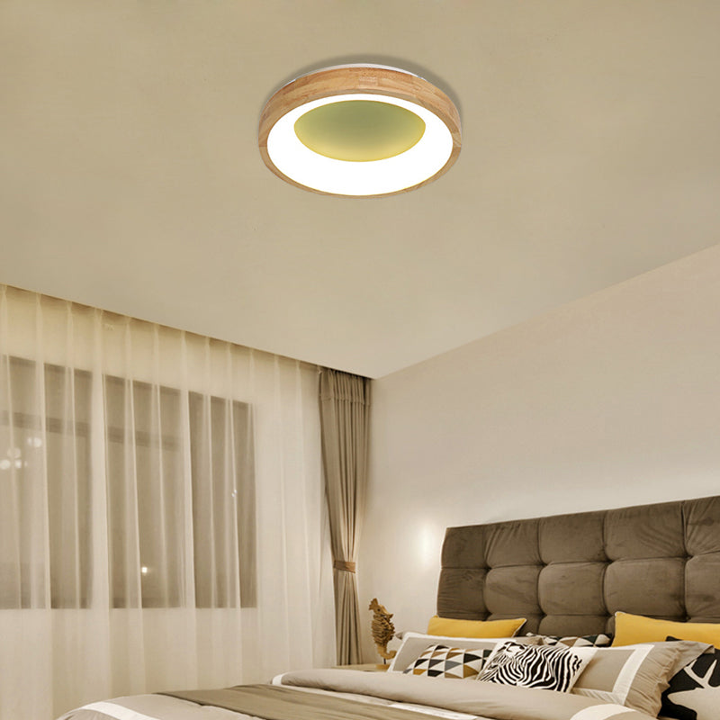 Wood Circular Thin Flushmount Lighting Nordic Style Green/Blue LED Ceiling Mounted Light, 12"/16"/19.5" Width