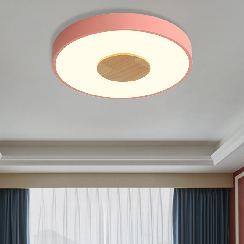 Round Flush Mount Ceiling Light Nordic Iron 1 Head Pink/Blue/White Lighting Fixture for Bedroom, 12"/16"/19.5" Width