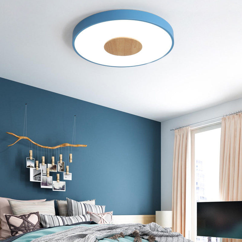 Round Flush Mount Ceiling Light Nordic Iron 1 Head Pink/Blue/White Lighting Fixture for Bedroom, 12"/16"/19.5" Width