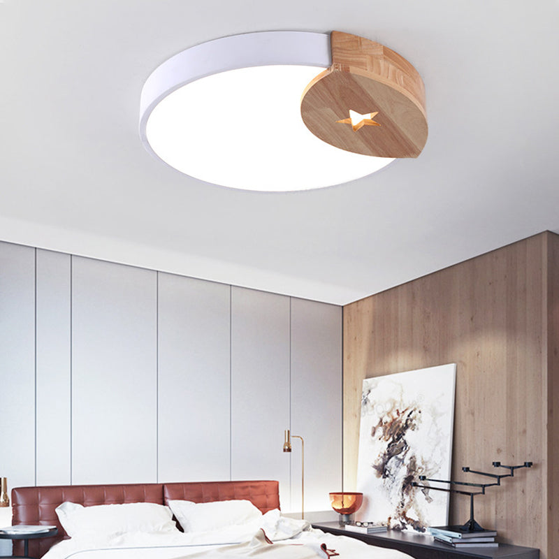 White Round Thin Ceiling Fixture Simple Acrylic 9"/12"/20" Wide LED Flush Mounted Lamp with Wood Guard, Warm/White Light