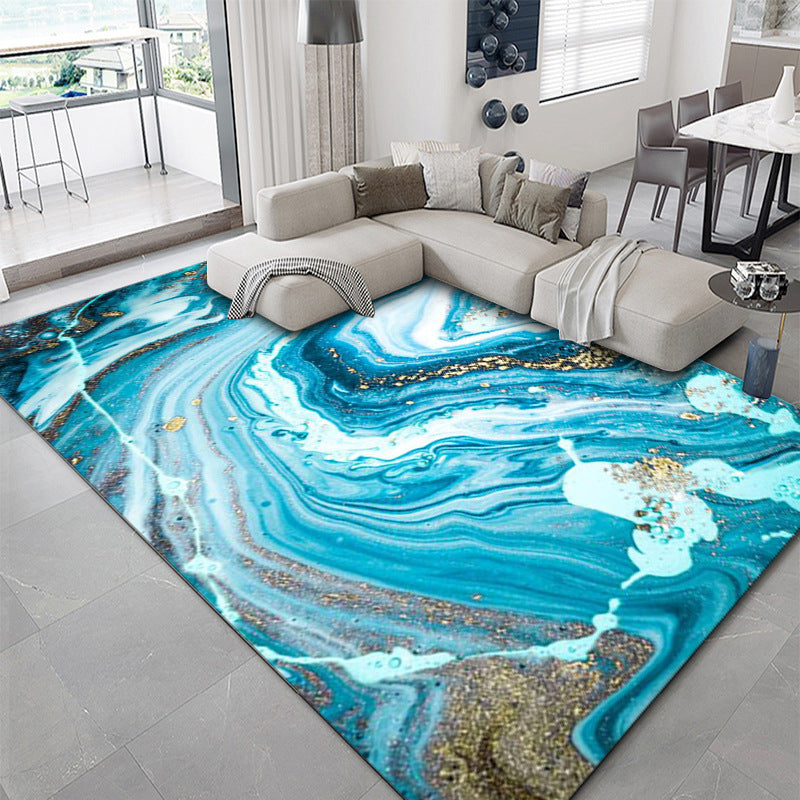 Creative Blue Tone Carpet Washable Abstract Print Indoor Rug Polyester Carpet with Anti-Slip Backing
