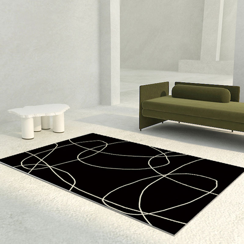 Black Modern Area Carpet Abstract Pattern Polyester Area Rug Non-Slip Backing Rug for Home Decor