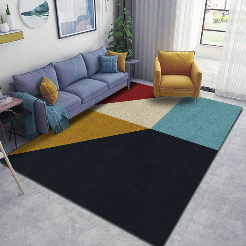 Modern Color Block Area Carpet Blue Polyester Area Rug Non-Slip Backing Rug for Living Room