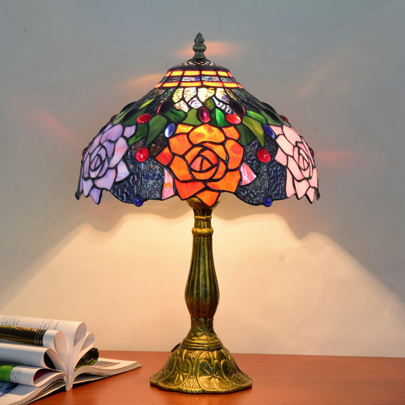 Flower Nightstand Lamp Tiffany Style Stained Art Glass Multi-Color Table Lamp