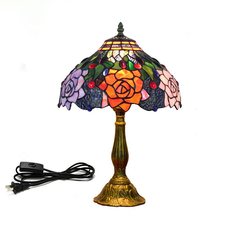 Flower Nightstand Lamp Tiffany Style Stained Art Glass Multi-Color Table Lamp
