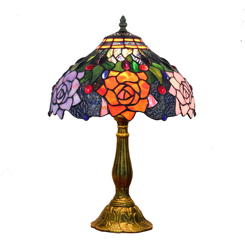 Flower Nightstand Lamp Tiffany Style Stained Art Glass Multi-Color Table Lamp