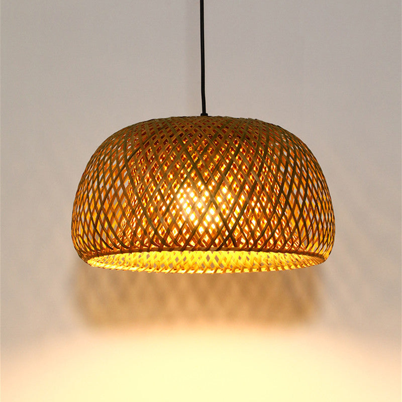 Asian Creative Drum Pendant Light Bamboo Weaving Hanging Lamp for Interior Spaces