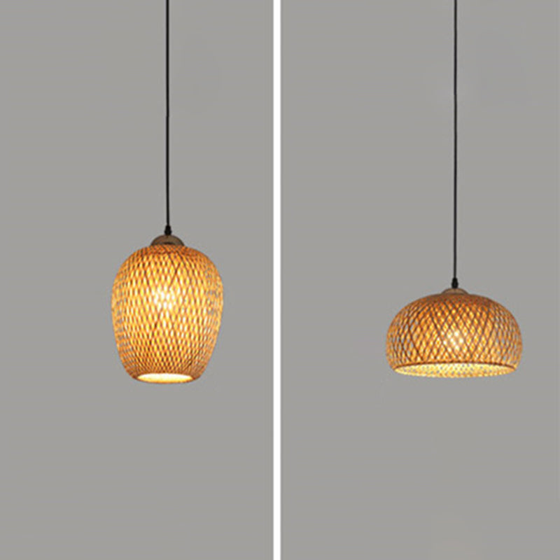 Asian Creative Drum Pendant Light Bamboo Weaving Hanging Lamp for Interior Spaces