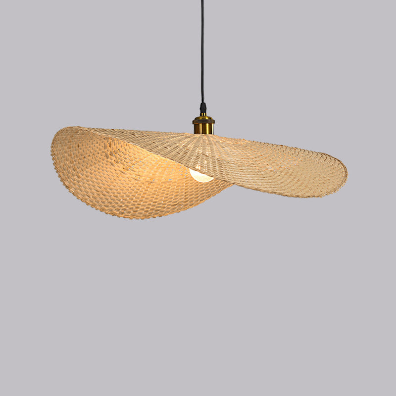 1-Light Beige Bamboo Suspended Lighting Fixture Chinese Pendant Light Kit