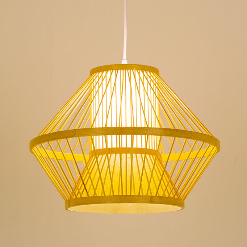 Bamboo Asia Pendant Light 1-Light Beige Geometric Hanging Ceiling Light