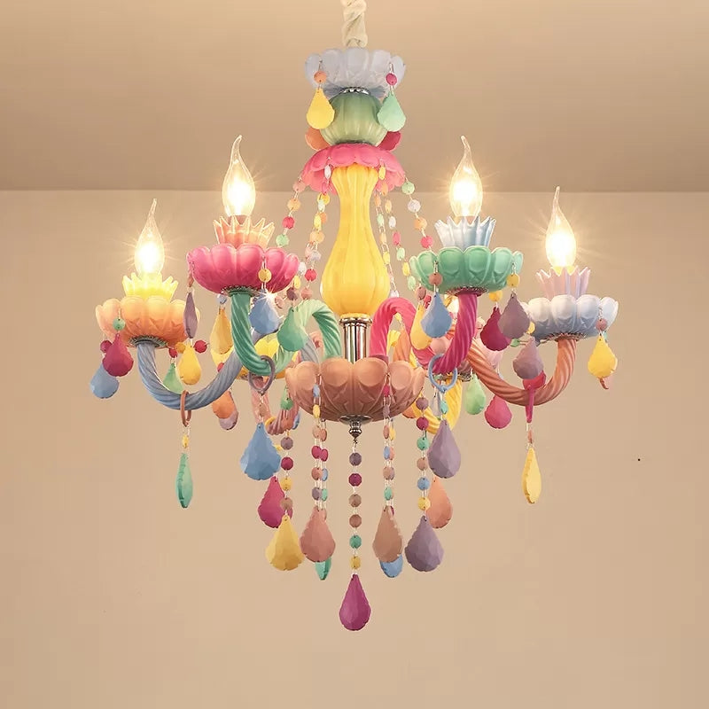 Kids Candle Pendant Light with Crystal Glass 6 Lights Multi-Color Chandelier for Child Bedroom