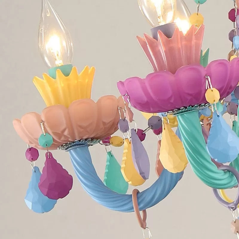 Kids Candle Pendant Light with Crystal Glass 6 Lights Multi-Color Chandelier for Child Bedroom