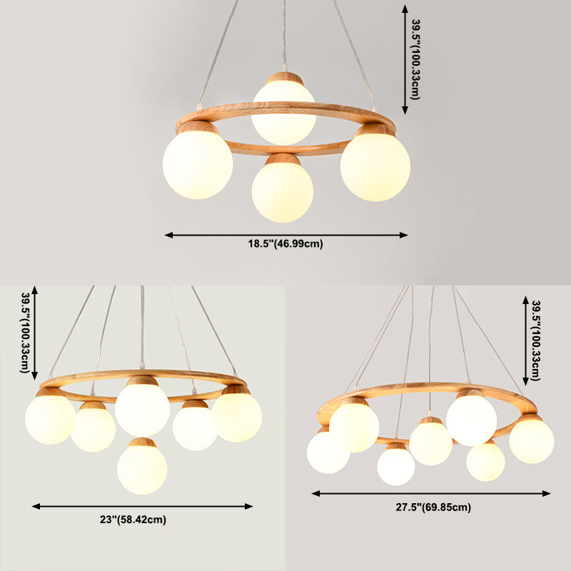 Modern Adjustable Wooden Chandelier Ceiling Hanging Light Fixture with Glass Shade