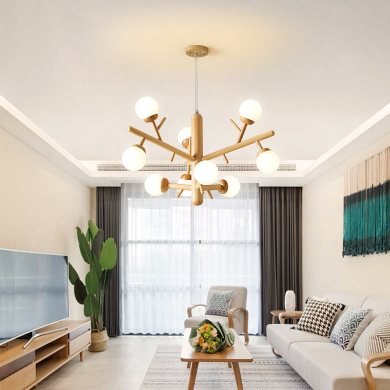 Wooden Chandelier Ceiling Hanging Light Fixture with Glass Shade for Bedroom