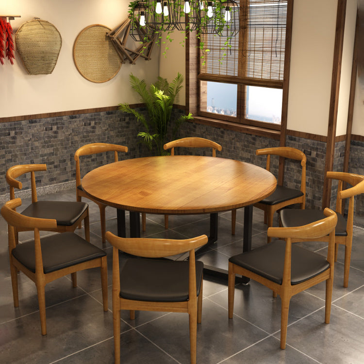Contemporary Style Wood Dining Table Round Shape Table with Metallic Trestle Base