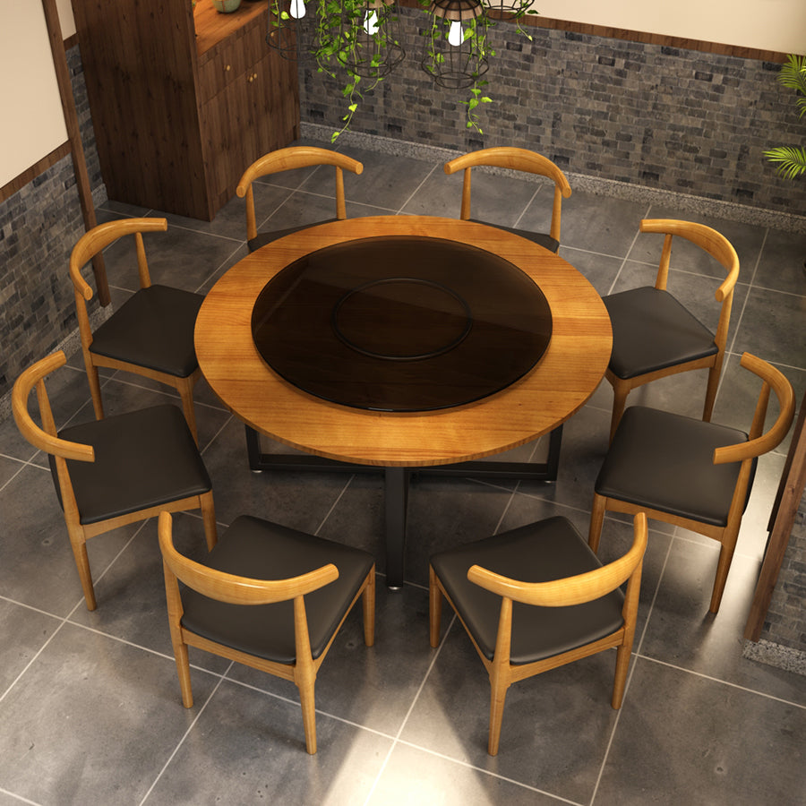 Contemporary Style Wood Dining Table Round Shape Table with Metallic Trestle Base
