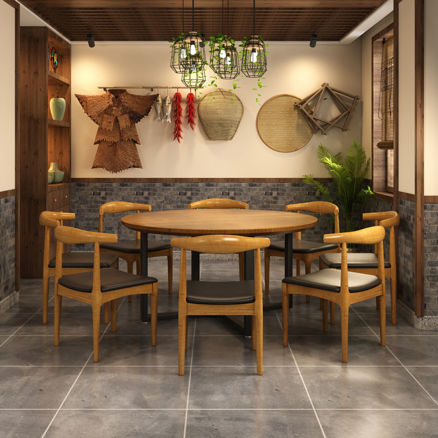 Contemporary Style Wood Dining Table Round Shape Table with Metallic Trestle Base