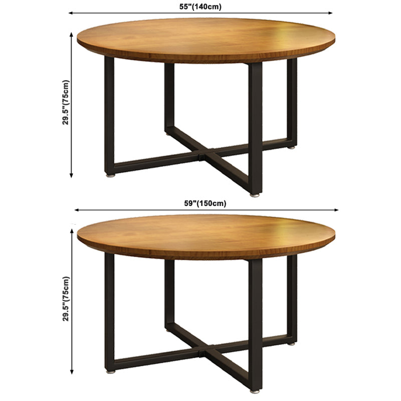 Contemporary Style Wood Dining Table Round Shape Table with Metallic Trestle Base